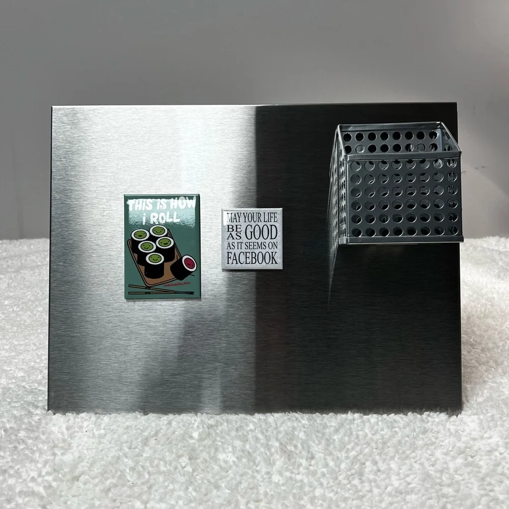Kikkerland Stainless Magnetic Memo Board with Note Pen Pencil Holder